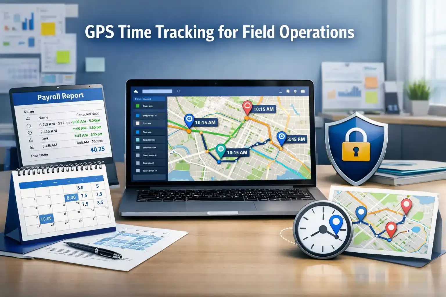 GPS time tracking dashboard showing routes, payroll report, and work logs